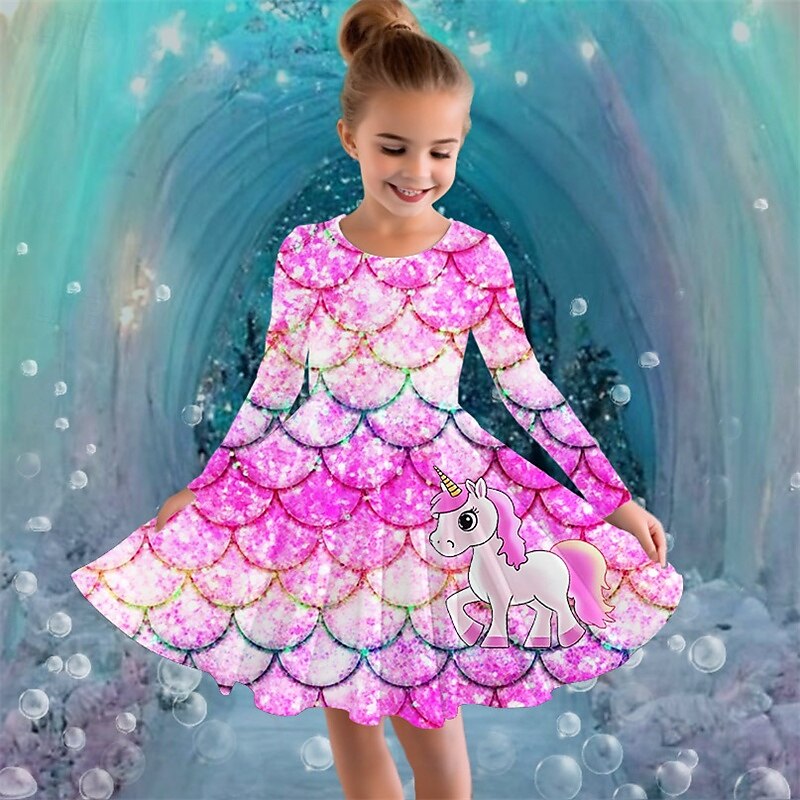 Girls ' 3D Graphic Unicornio Vestido Manga Larga Verano Primavera Vacaciones Diario Festivos Princesa Hermosa Dulce Niños 4-12 años Vestido informal Vestido de una línea Hasta la Rodilla Ajuste 2025 - $16.99 –P4