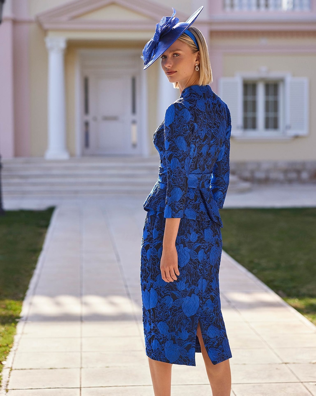 Bloem Sheath  Kolom Moeder van de Bruid Jurk Formeel Elegant Hoog Laag Hemd Kraag Thee Lengte Polyester 3/4 Lengte Mouw met Tailleband  Ribben Derby Jurk Race Dag Jurk Bruiloft Gast Jurk 2025 2025 - $153.99 –P2