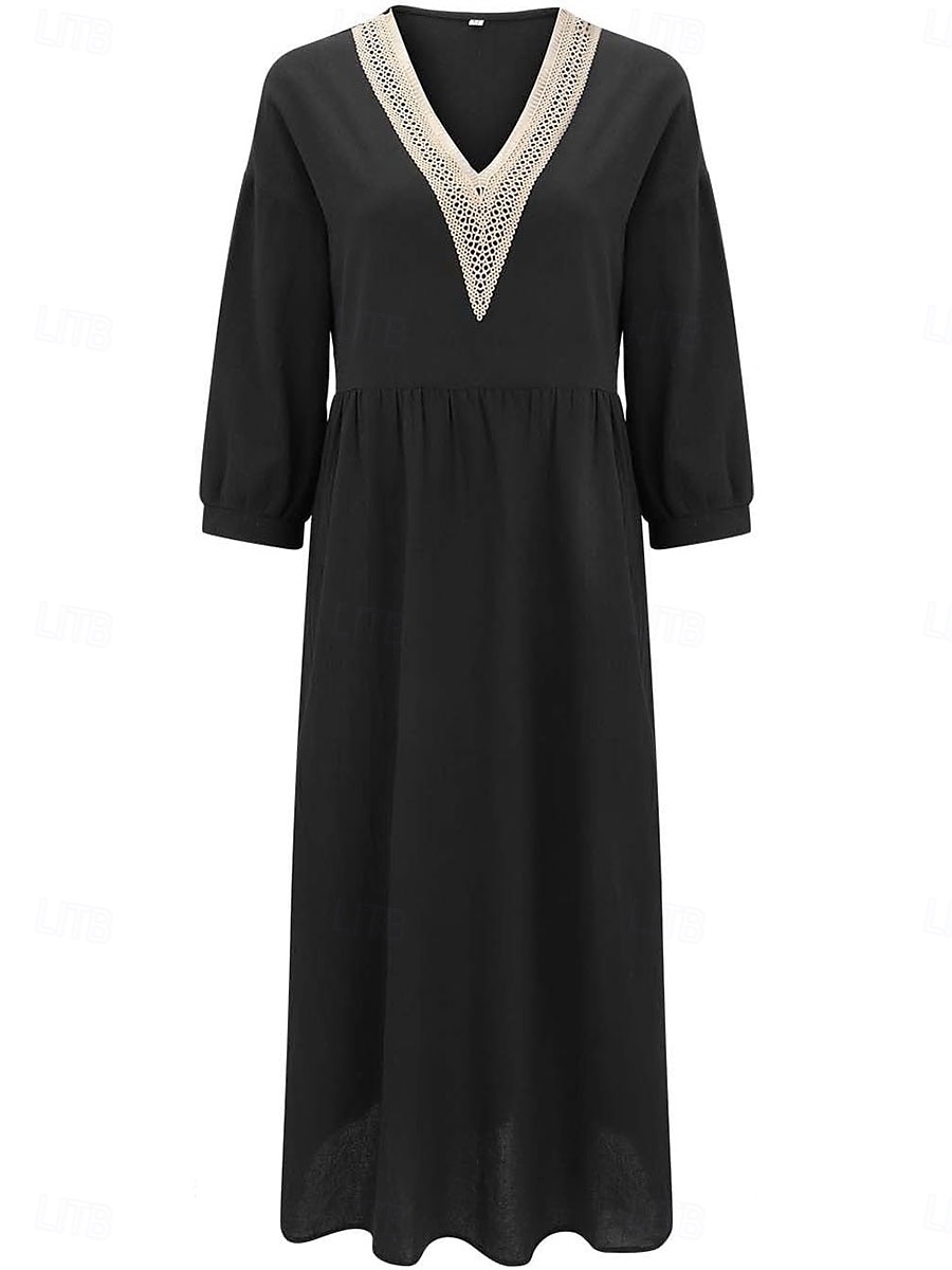 Women's Midi Dress Elegant Vintage Stylish Lantern Sleeve Vacation Daily Regular Fit Plain 3/4 Length Sleeve V Neck Black White Summer Spring Fall 2025 - $23.99 –P6