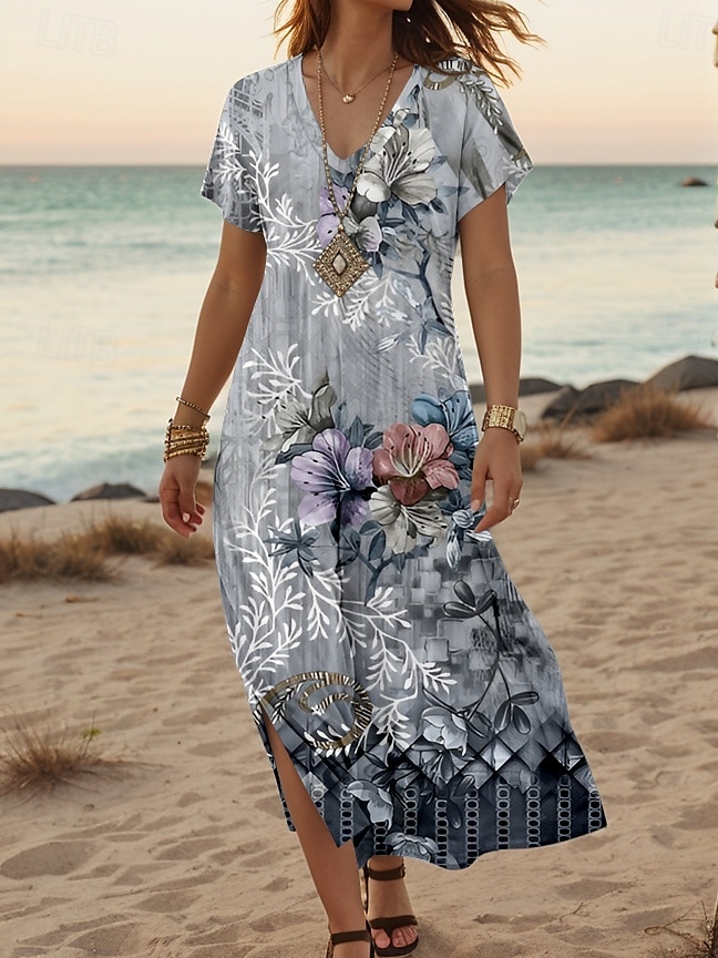 Robe Maxi Femme Robe Décontractée Robe Solaire Robe Shift Stylée Décontractée Manches Tombantes Vacances Quotidienne Coupe Regular Imprimé Floral Manches Courtes Col V Gris Printemps Automne de 2025 ? $28.99 –P1