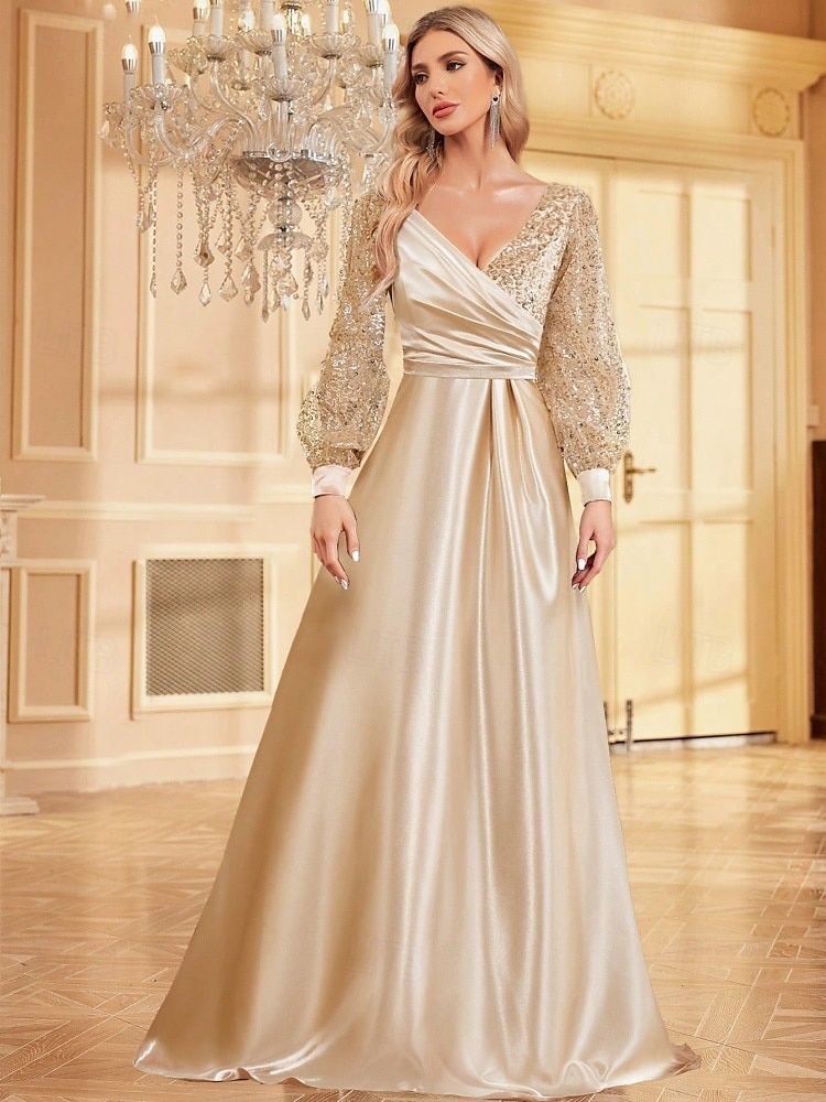A-Line Evening Gown Elegant Dress Wedding Guest Evening Party Floor Length Long Bubble Sleeve V Neck Satin With Glitter 2025 2025 - $133.99 –P6
