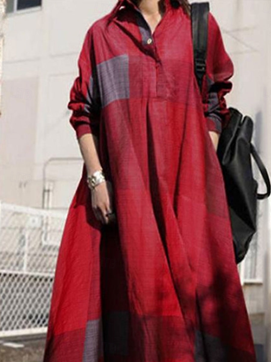 Femmes Robe maxi Robes en coton et lin Robe Décontractée Robe évasée ancien Élégant Basique Vacances Travail Quotidien Coupe Ample Plaid manche longue Col de chemise Jaune Rouge Bleu Printemps Automne de 2025 ? $36.99 –P3