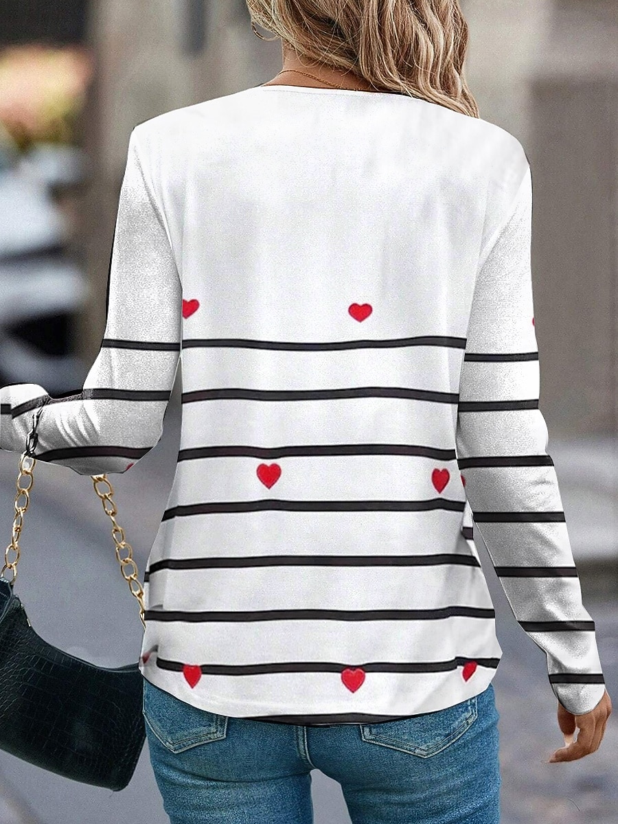 Dame T-skjorte Crew Neck Langermet Tunika Hjerte Stripet Casual Regulære Topper Daglig Trykk Hvit Vår Høst 2026 - $24.99 –P3