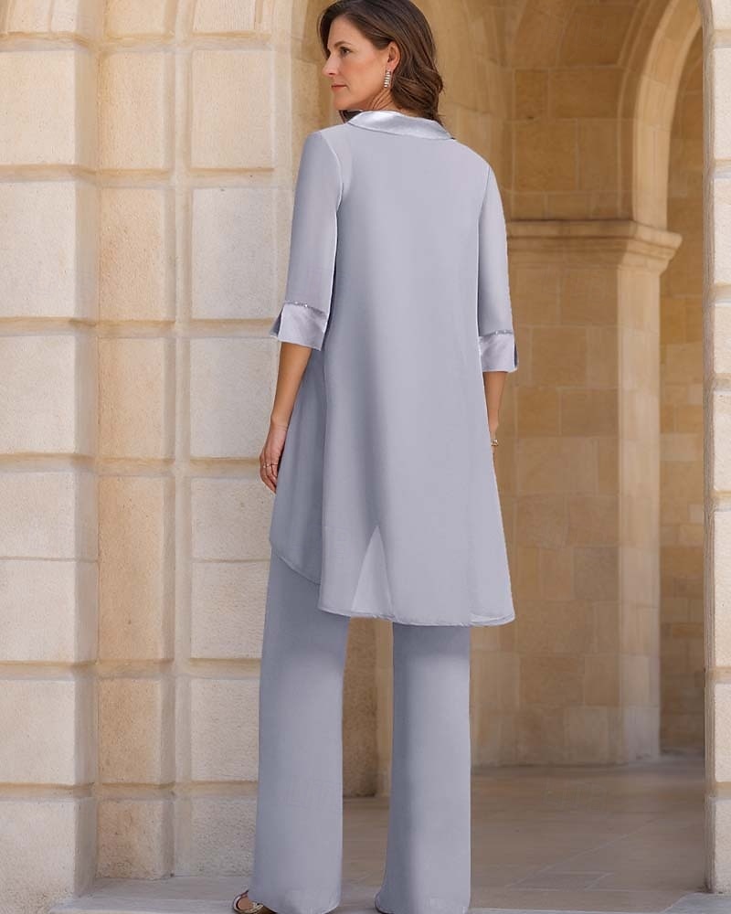 Jumpsuit  Pantsuit Moeder van de Bruid Losse Pasvorm 3-delig Set Elegante Simpele Sierhals Vloerlengte Chiffon Satijn Crêpe Halve Mouw Wrap Inclusief met Effen Kleur 2025 2025 - $178.99 –P2