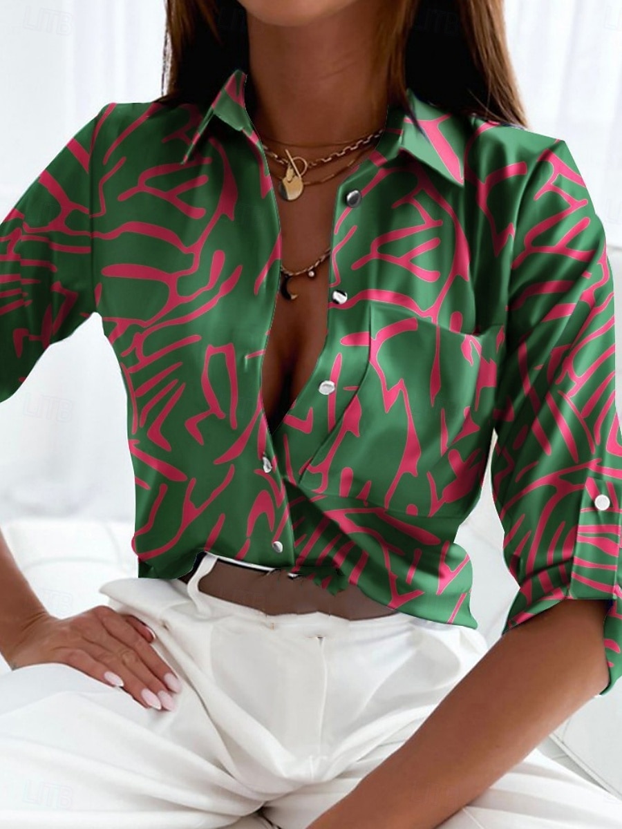 Dame Skjorte Bluse Blomstret Geometrisk Stilfull Fritid Langermet Skjortekrage Vanlige topper Daglig Knapper Trykt mønster Svart Blå Grønn Sommer Vår 2025 - $22.99 –P5