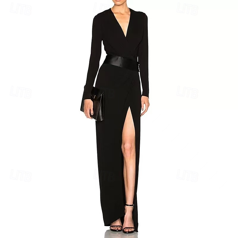 Glockenkleid  Säulenkleid Abendkleid Partykleid Abendparty Black Tie Gala Bodenlang Lange Ärmel V-Ausschnitt Gürtel  Schärpe Baumwollmischung Rückenschnitt mit Faltenraffung Schlitz 2025 - $169.99 –P1