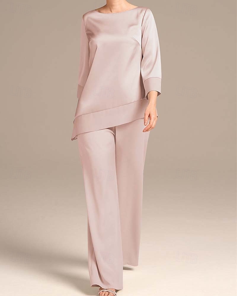 Overall  Hosenanzug Brautmutter Elegant Einfach Minimalistisch Boot-Ausschnitt Bodenlänglich Satin 3/4 Länge Ärmel Wrap enthalten mit Einfarbig 2025 2025 - $143.99 –P6