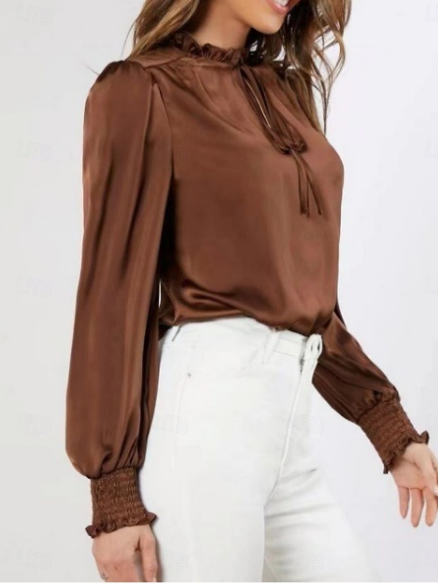 Women's Shirt Blouse Solid Color Business Modern Casual Long Sleeve Turtleneck Regular Tops Work Formal Wear Lace up Ruffle Brown Rose Pink Summer Spring 2025 - $34.99 –P1