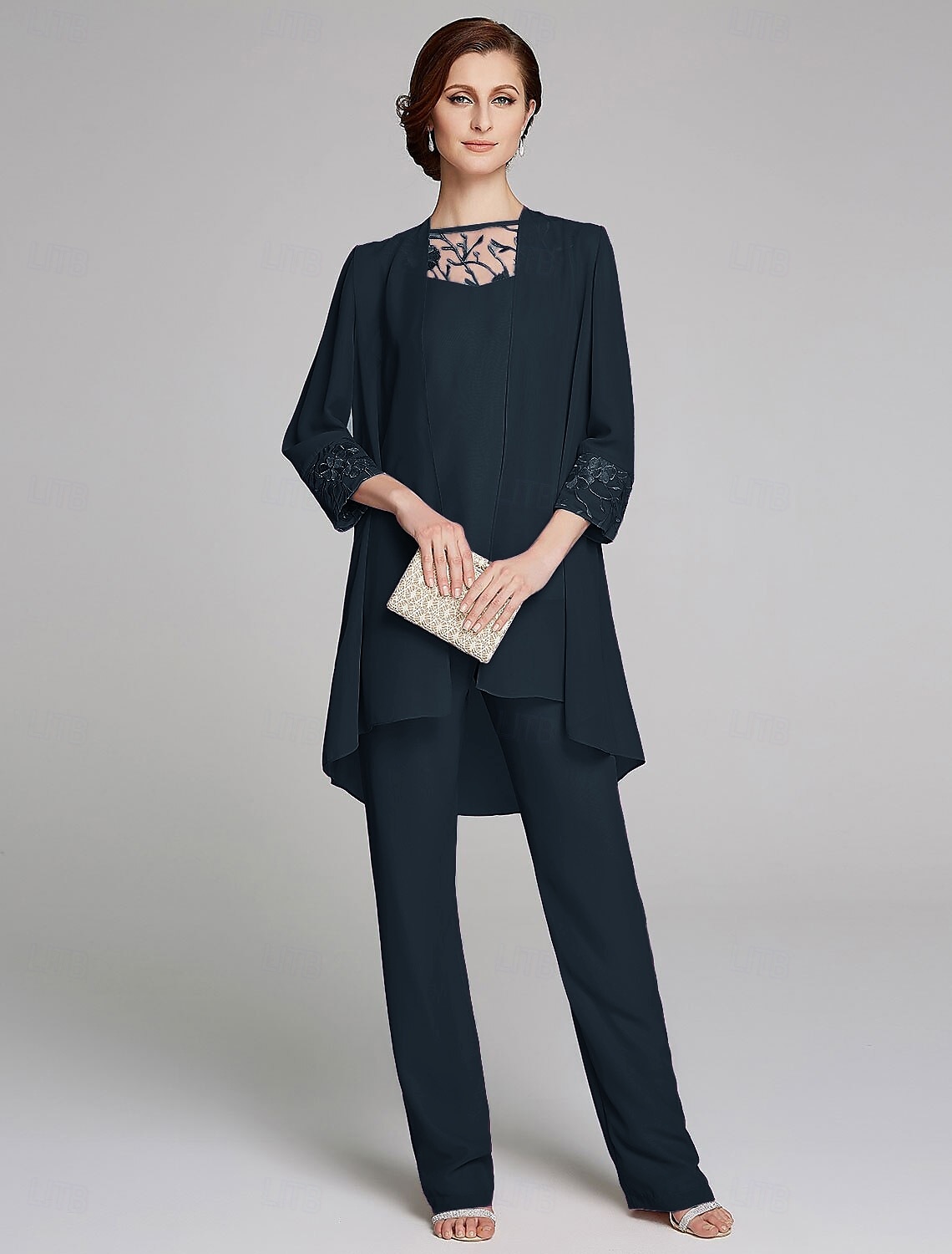 Jumpsuit  Pantssuit Moeder van de Bruid Formele Bruiloft Gast Wrap Inbegrepen Juweel Hals Vloerlengte Chiffon Kant 3/4 Lengte Mouw met Pailletten 2025 gratis op maat 2025 - $155.99 –P4