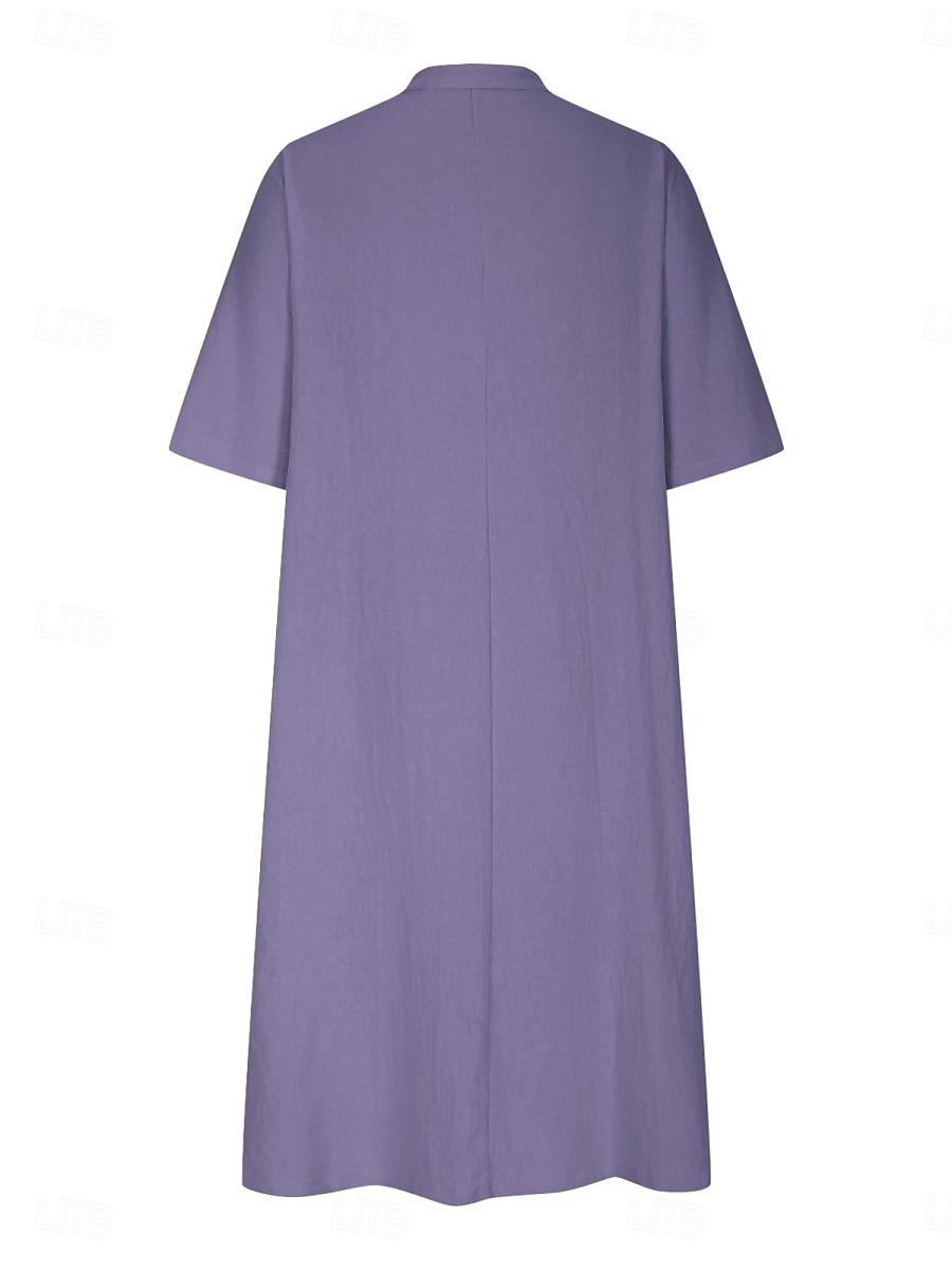 Women's Midi Dress Cotton Linen Dresses Basic Casual Vacation Daily Regular Fit Plain 3/4 Length Sleeve Notched Neck Black Red Purple Light Blue Summer 2025 - $22.99 –P7