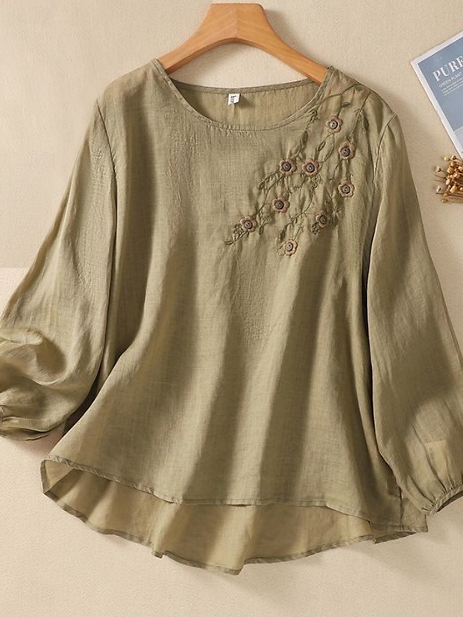Femmes Chemise Chemisier Chemises en coton et lin Couleur Unie Basique Occasionnel manche longue Col ras du cou Hauts Réguliers Quotidien Broderie Blanche Rose Claire Fuchsia Vert Été Printemps de 2025 ? $21.99 –P1