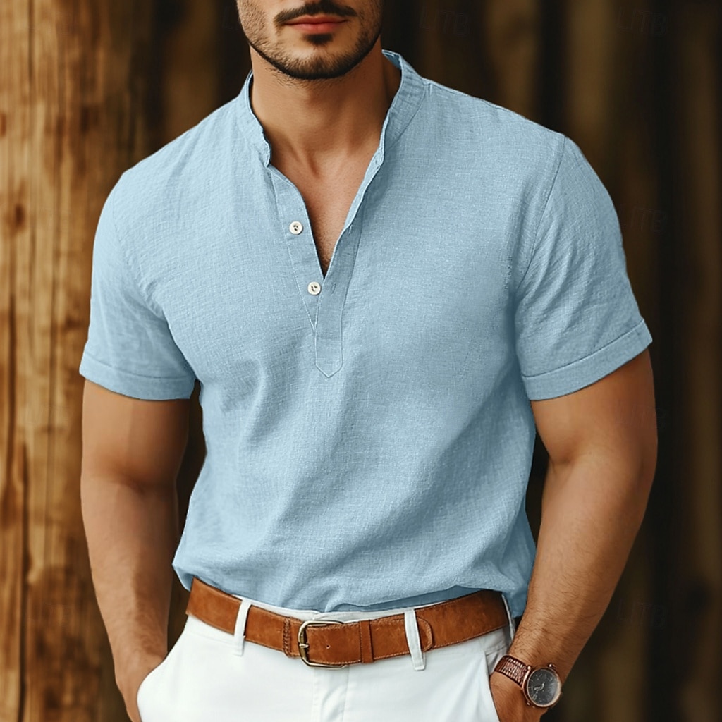 Per uomo Camicia camicia di lino Camicia con colletto a fascia Camicia popover Camicia estiva Abbigliamento mare Liscio Da mare Informale Nero Bianco Rosa Blu marino Manica corta Henley Estate del 2025 a $25.99 –P1