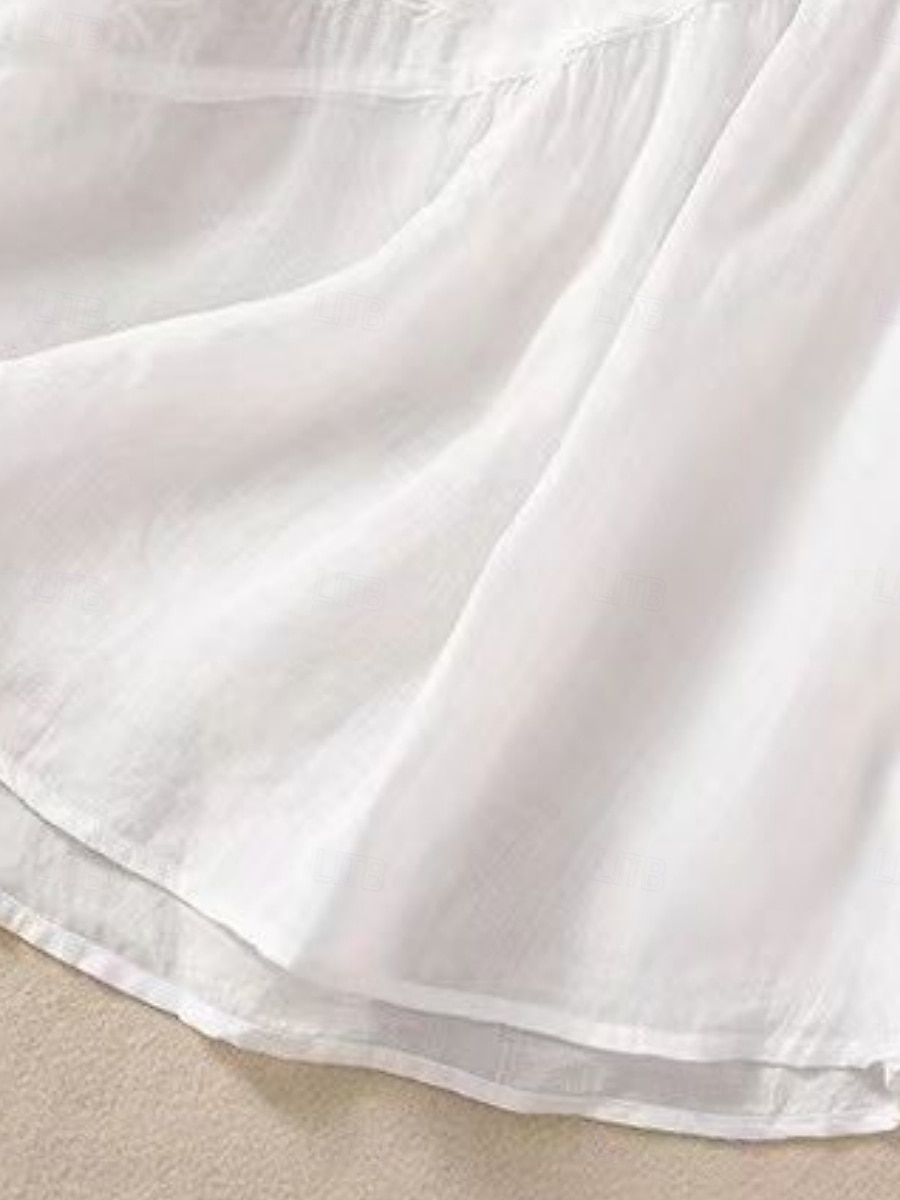 Dame Skjorte Bluse Skjorter i bomullslin Helfarge Grunnleggende Fritid 3/4 ermer Crew-hals Vanlige topper Daglig Broderi Hvit Rosa Blå Kakifarget Sommer Vår 2025 - $21.99 –P6