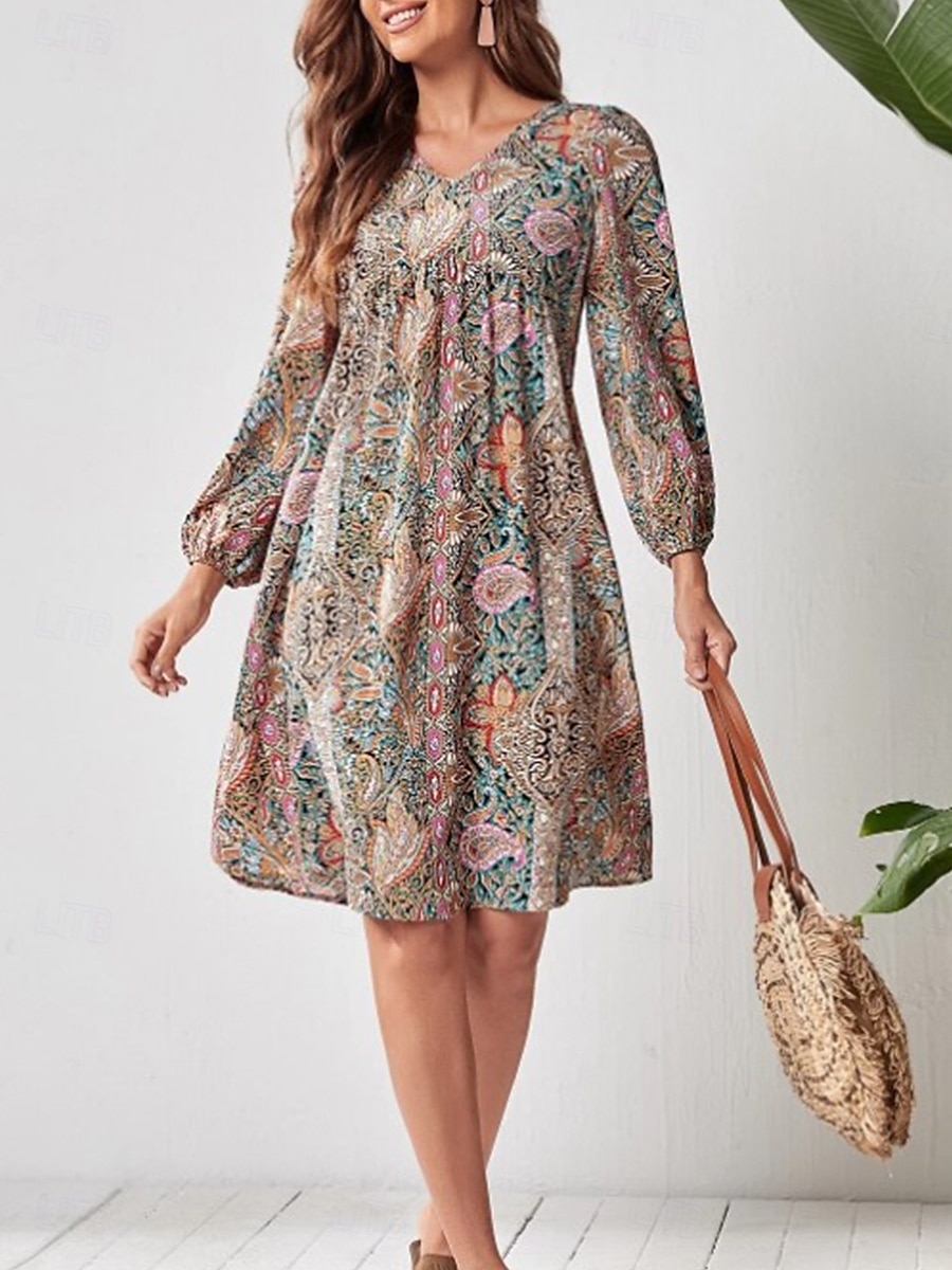 Damen Minikleid Vintage-Kleid A Linie Kleid Boho-Kleid Stilvoll Brautkleider schlicht Urlaub Täglich Regular Fit Blumen Langarm V Ausschnitt Rote Sommer 2025 - $31.99 –P4