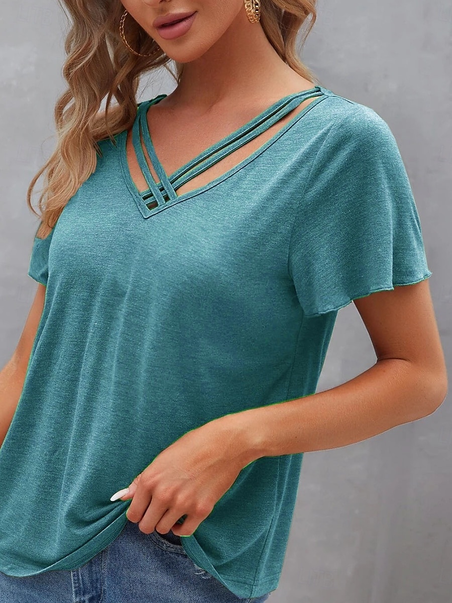 Femme T shirt Plein basique Décontractées Manche Courte Col V Hauts réguliers du quotidien Fin de semaine Bleu Vert Eté de 2025 ? $21.99 –P6