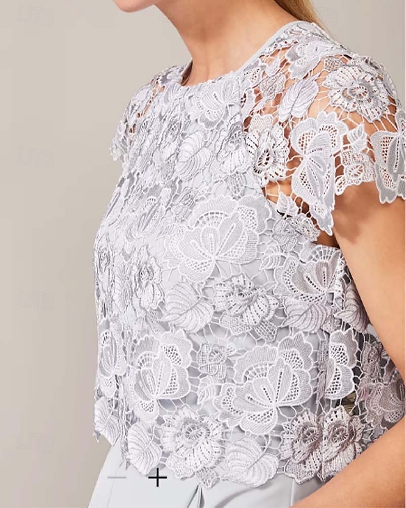 Jumpsuit / Pantsuit Mother of the Bride Pantsuit Scoop Neck Floor Length Crepe Floral Lace Short Sleeve Solid Color 2025 2025 - $168.99 –P3