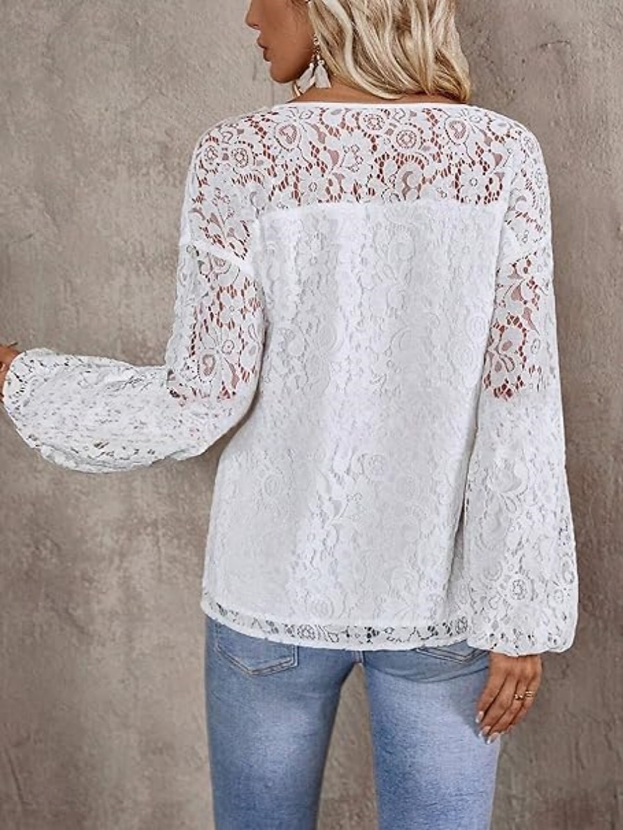 Top in pizzo bianco elegante da donna con occhiello blusa casual colore solido regolare maniche lunghe scollatura a V patchwork in pizzo regolare quotidiano romantico top petite estivi per le vacanze del 2025 a $34.99 –P2