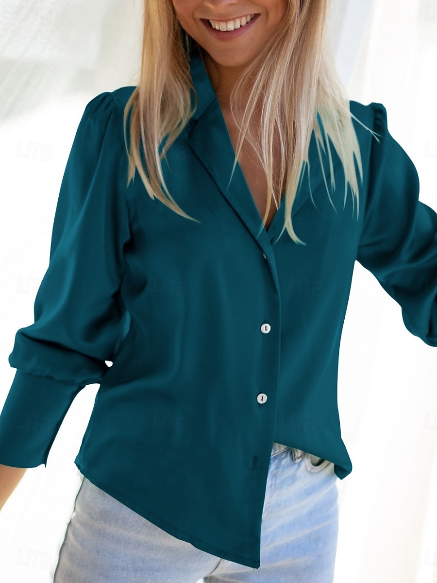 Dam Skjorta Blus Ensfärgat Affär Modern Ledigt Långärmad Tröjkrage Vanliga toppar Arbete Högtidskläder Knappar Blå Beige Sommar Vår 2025 - $25.99 –P3
