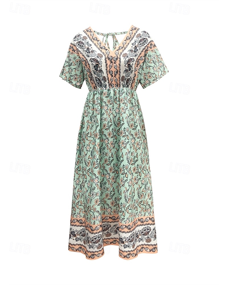 Femme robe longue Robe Trapèze Robe d'été robe boheme Elégant Hawaïen mode Vacances du quotidien Rendez-vous Standard Floral Manche Courte Col V Vert Eté de 2025 ? $25.99 –P7