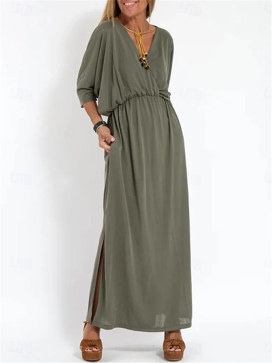 Dames Maxi-jurk Casual jurk A lijn jurk Stijlvol Basic Casual Vakantie Dagelijks Normale pasvorm Effen Halve mouw V-hals Zwart Leger Groen Zomer Lente 2025 - GBP £28.99 –P1