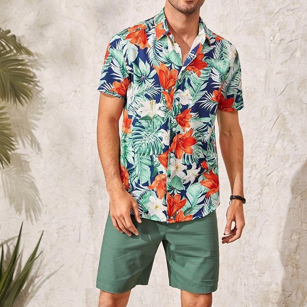 Per uomo Piante 2 pezzi Set di camicie Top estivi Manica Corta Pantaloni corti Collo ripiegato Casual All'aperto Casa Casuale Stampa 3D Rosso rubino del 2025 a $37.99 –P1