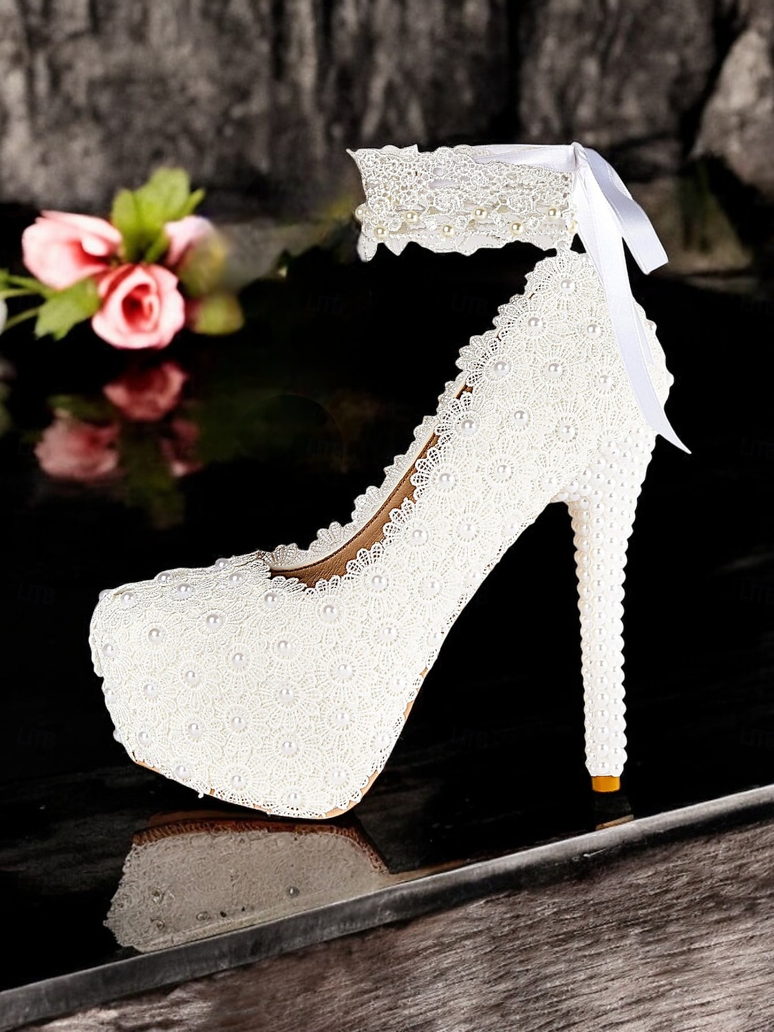 Women's White Lace and Pearl Embellished High Heel Platform Wedding Shoes with Ribbon Anklets for Bridal and Formal Ceremonies 2026 - $84.99 –P2