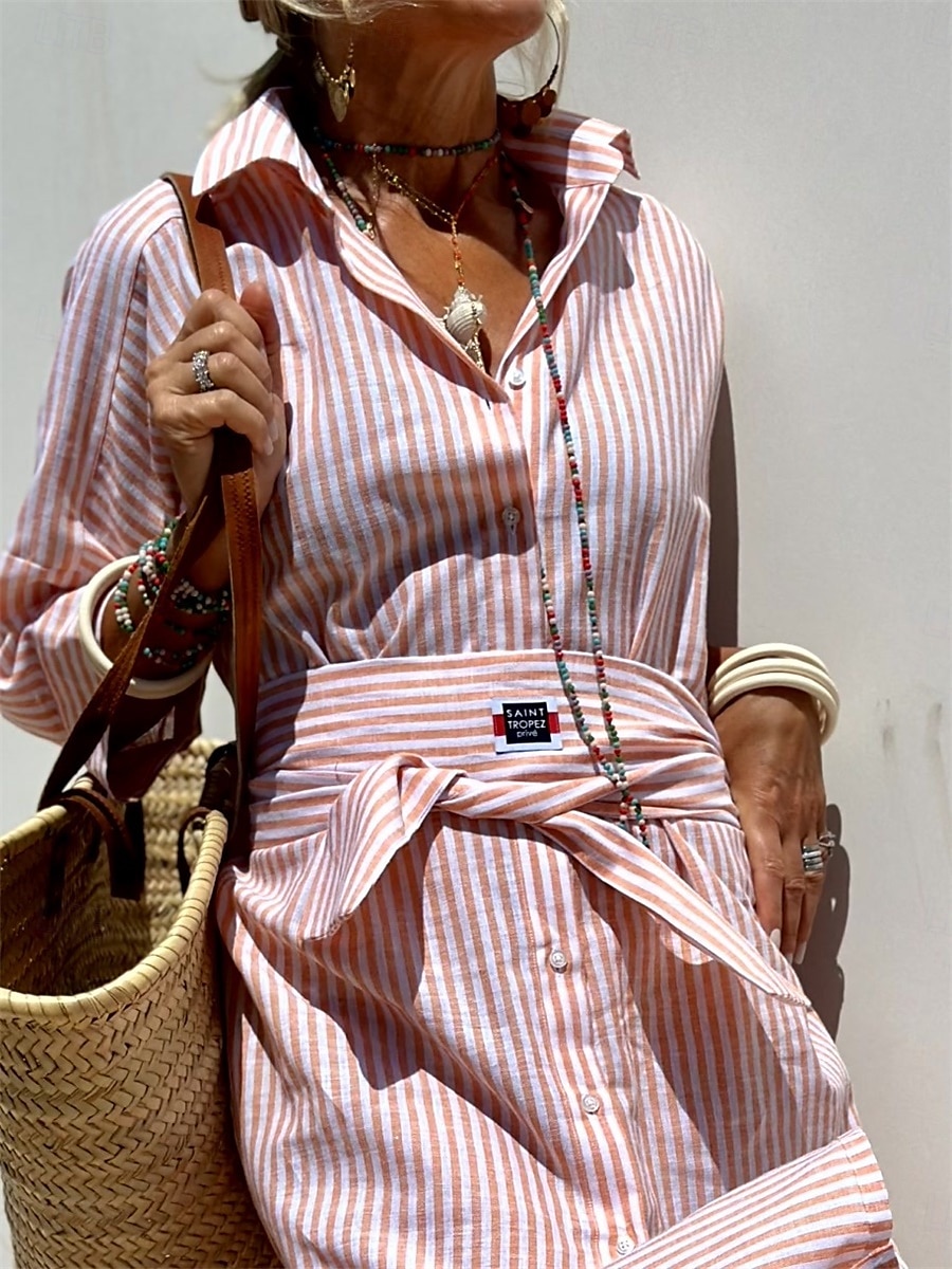 2026年 女性用 ミディドレス カジュアルドレス A ラインドレス ヴィンテージ かわいいスタイル スタイリッシュ バケーション 日常 ルーズフィット 縞 ハーフスリーブ シャツカラー ピンク ブルー 夏 春 秋  コレクション – $34.99 –P13