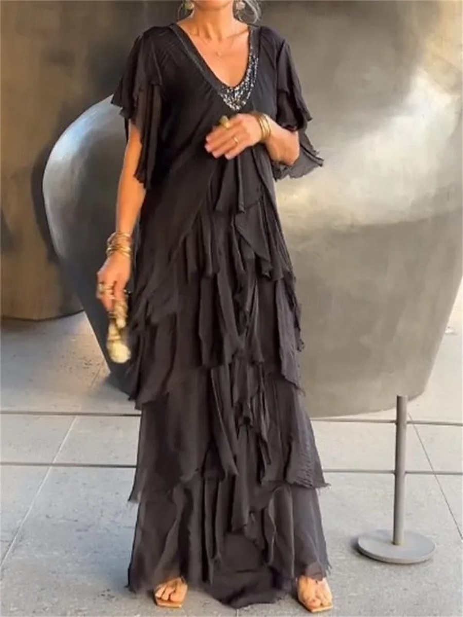 Damen Maxikleid Freizeitkleid elegant stylisch lässig Urlaub Party Alltag Regular Fit einfarbig Kurzarm V-Ausschnitt schwarz grün grau Sommer Frühling Herbst 2025 - $31.99 –P2