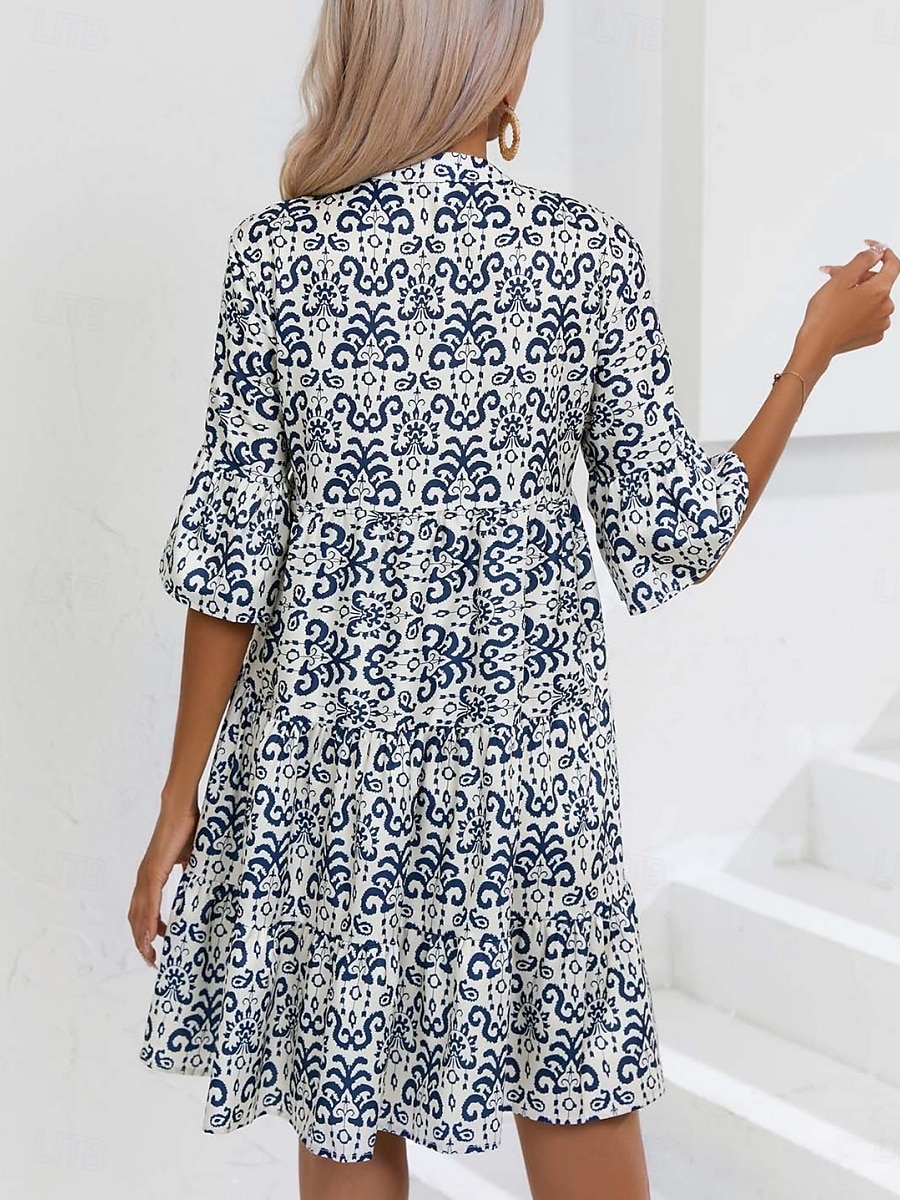 Damen Minikleid Casual kleid Boho Chic Kleider A Linie Kleid Boho-Kleid Böhmen Vintage Urlaub Täglich Regular Fit Blumen 3/4 Ärmel Gekerbter Hals Rosa Blau Sommer 2025 - $25.99 –P2
