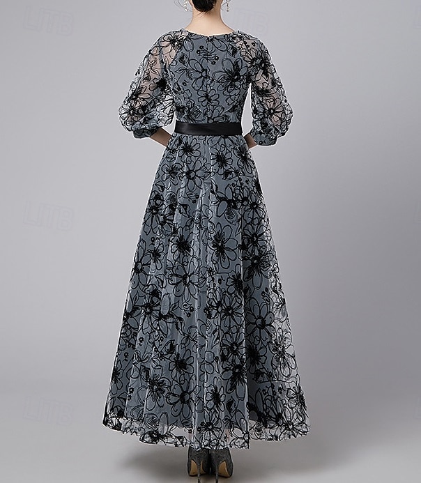 A-Linien-Kleid, formelles, elegantes Vintage-Kleid für die Mutter der Braut, durchsichtiger Rundhalsausschnitt, knöchellang, Chiffon, halbe Ärmel mit Spitzenstickerei 2025 2025 - $110.99 –P4