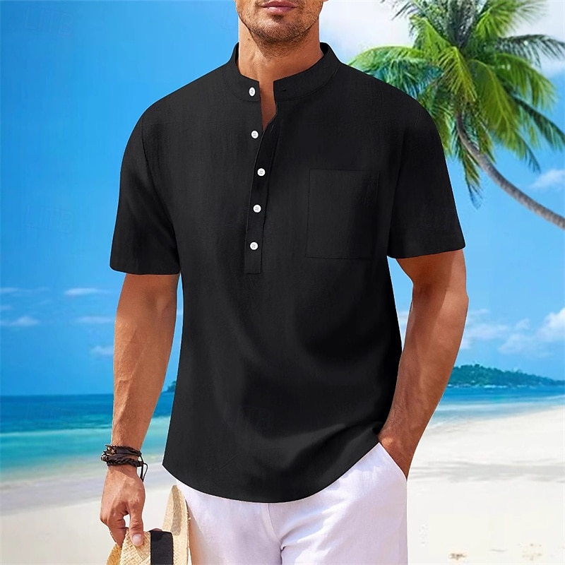Men's Shirt Linen Shirt Summer Shirt Beach Shirt Solid Color Vacation Daily Black White Navy Blue Khaki Short Sleeve Fold-over Collar Spring & Summer Clothing Apparel 2025 - $25.99 –P5
