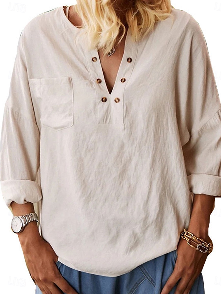 Dames Overhemd Blouse Katoenen linnen overhemden Effen Kleur Elegant Stijlvol Casual Lange mouw V-hals Normale tops Dagelijks Feestdagen Uitgaan Knop Beige Zomer Lente Herfst 2025 - $23.99 –P2