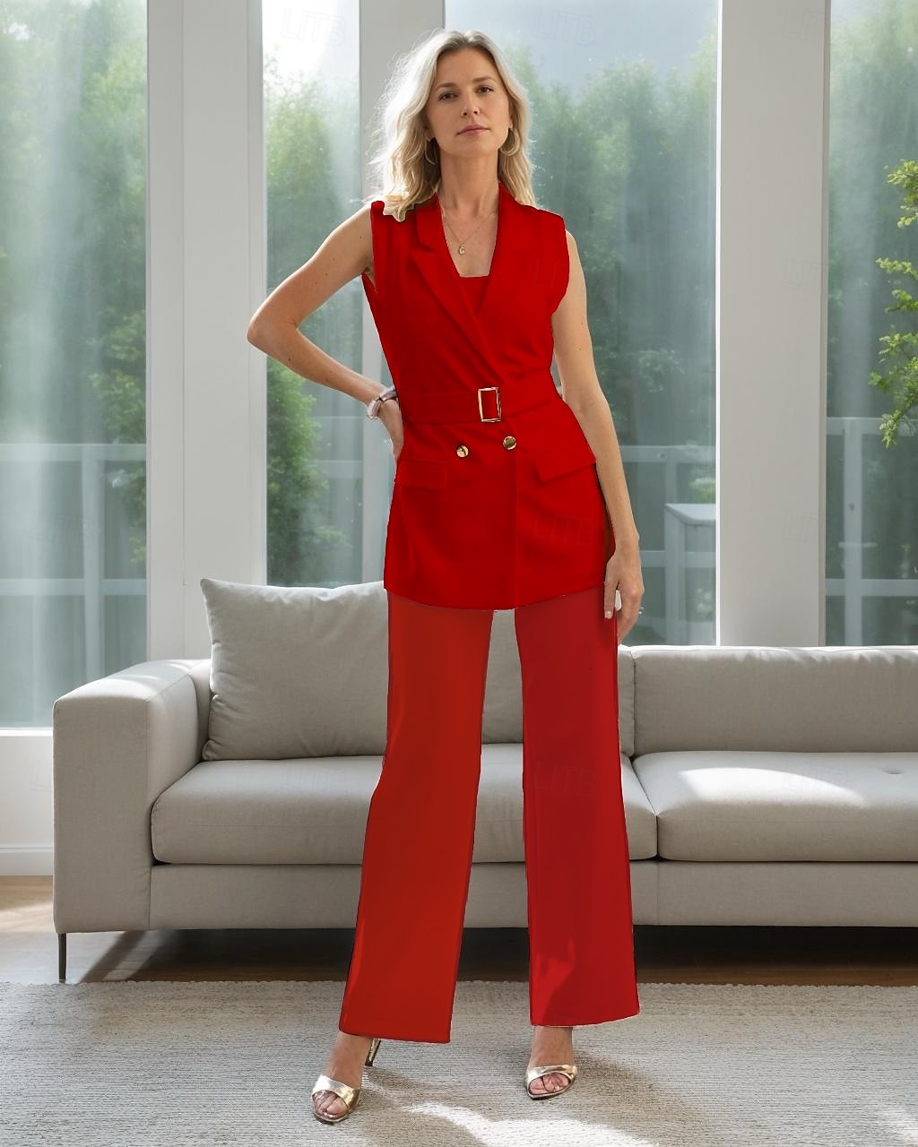 Ensemble pantalon mère de la mariée élégant simple minimaliste blazer col cranté longueur cheville pantalon polyester sans manches avec boutons en métal et ceinture couleur unie 2025 de 2025 ? $169.99 –P4