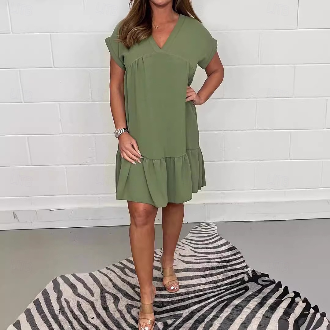 Femmes Robe Longue Maxi Robe Robes inspirées du lin Hawaïen Coupe régulière Manche Courte Col en V Vert Claire Abricot Été Printemps de 2025 ? $32.99 –P4
