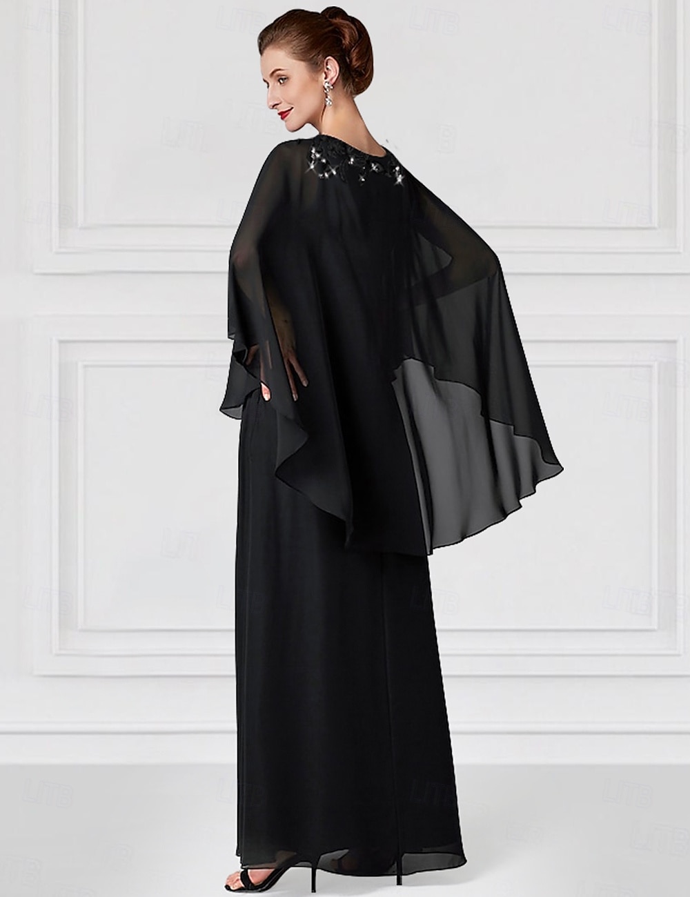 Abito per la madre della sposa blu a colonna matrimonio elegante lungo fino al pavimento in chiffon pizzo maniche corte wrap incluso con pizzo di colore solido del 2025 a $160.99 –P3