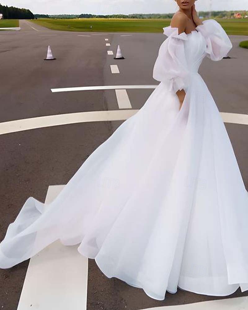 Strandbröllopsklänningar A-Linjeformad Off Shoulder Med Avtagbar Ärmar Golvlängd Organza Bröllopssuits Bröllopsklänningar Med Fållar 2025 - $238.99 –P2