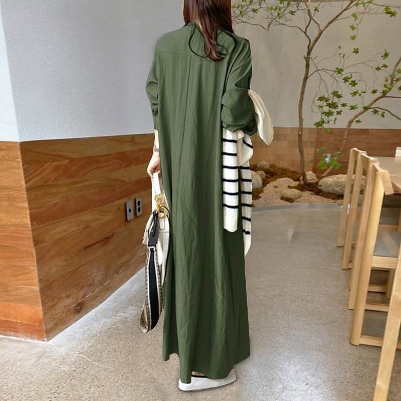 Dam Långklänning Maxiklänning Linneinspirerade klänningar Vardagsklänning Stylish Ledigt Semester Dagligen Datum Normal Slät Långärmad Kavajslag Svart Vin Kaki Armégrön Sommar Vår 2025 - $26.99 –P3
