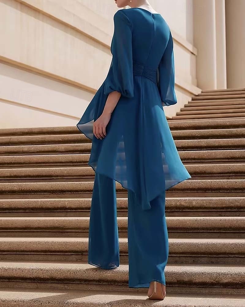 Jumpsuit / Pantsuit Mother of the Bride  Formal Wedding Guest Elegant Simple V Neck Floor Length Chiffon 3/4 Length Sleeve Wrap Included with Solid Color 2025 2025 - $178.99 –P2