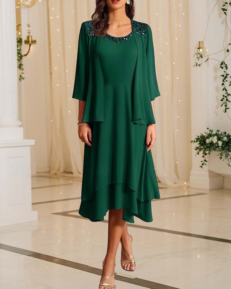 Zweiteiliges Mutter der Braut Kleid Formale Hochzeitsgast Elegantes Vintage Rundhals Tee Länge Chiffon Halblange Ärmel Jacke Kleider mit Pailletten Cascading Rüschen 2025 - $169.99 –P1