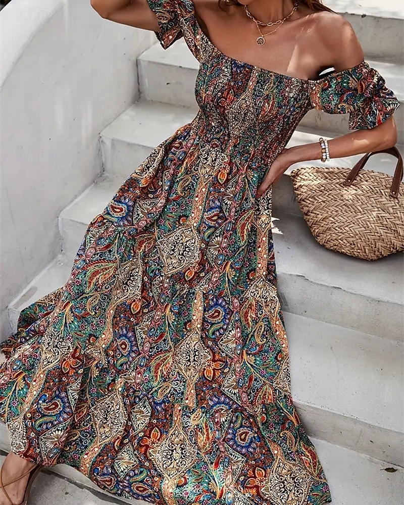 Dámské Dlouhé šaty Maxi šaty Áčkové šaty Letní šaty Boho šaty Elegantní Čechy stylové Dovolená Denní Rande Běžný Grafika Krátký rukáv Pod rameny Oranžová Trávová zelená Tmavomodrá Léto 2025 - $28.99 –P8