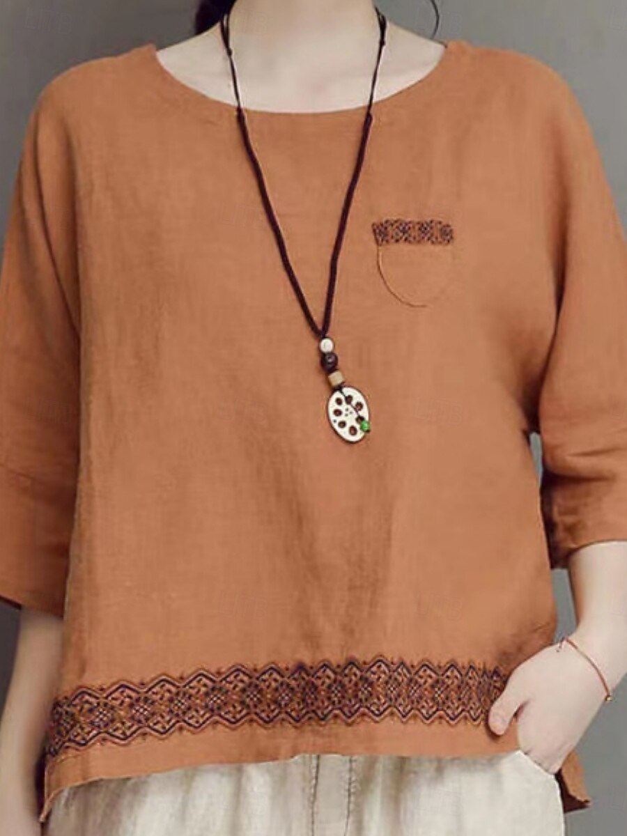 Damen Hemd Bluse Baumwoll-Leinen-Hemden Geometrisch Basic Lässig Dreiviertelarm Rundhalsausschnitt Normale Oberteile Täglich Patchwork Weiß Braun Grün Sommer Frühling 2025 - $21.99 –P11