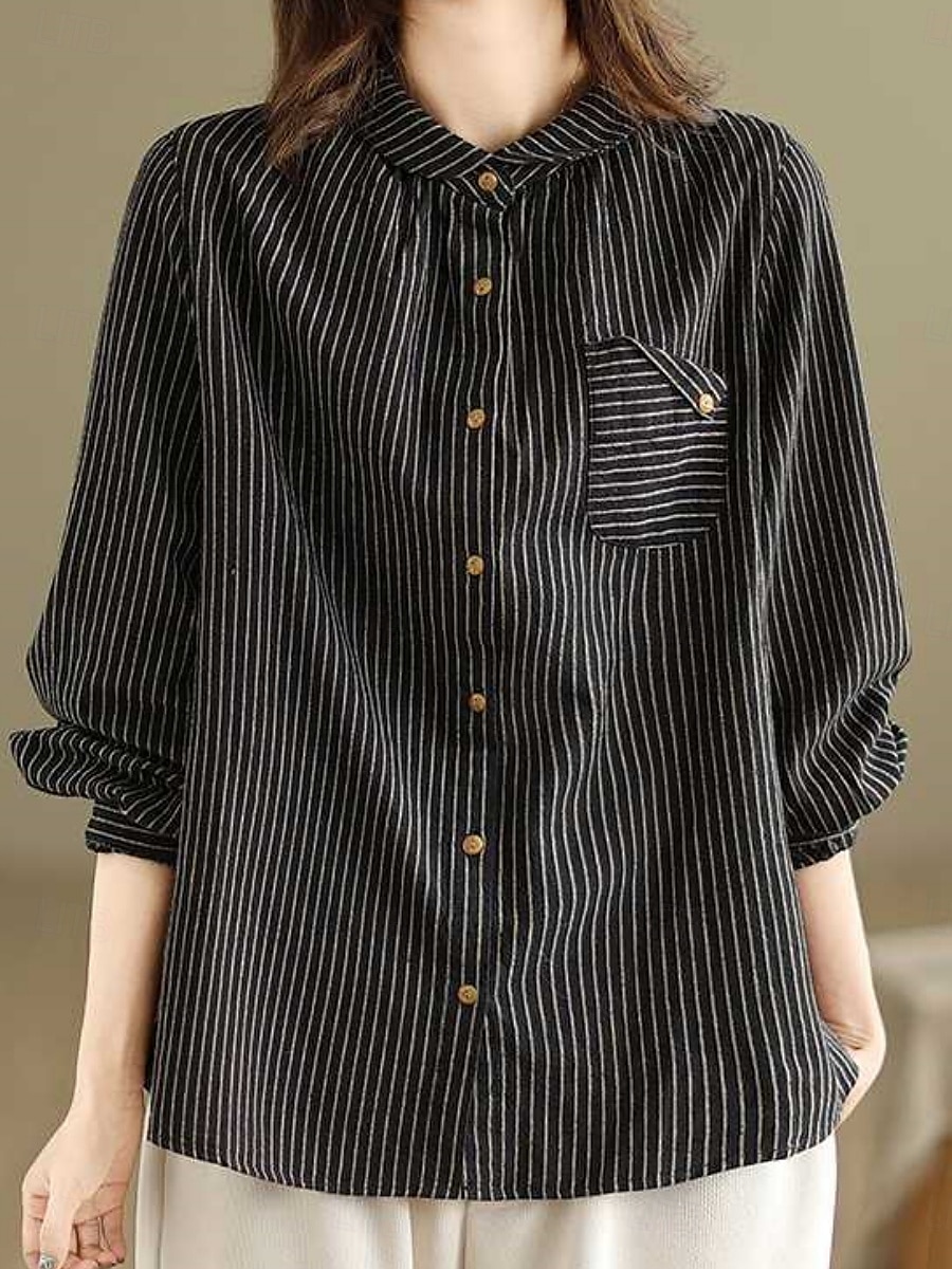 Dames Overhemd Katoenen linnen overhemden Knoop omhoog Blouse Gestreept Stijlvol Casual Lange mouw Overhemdkraag Normale tops Dagelijks Knop Afdrukken Zwart Wit Zomer Lente Herfst 2025 - $25.99 –P7