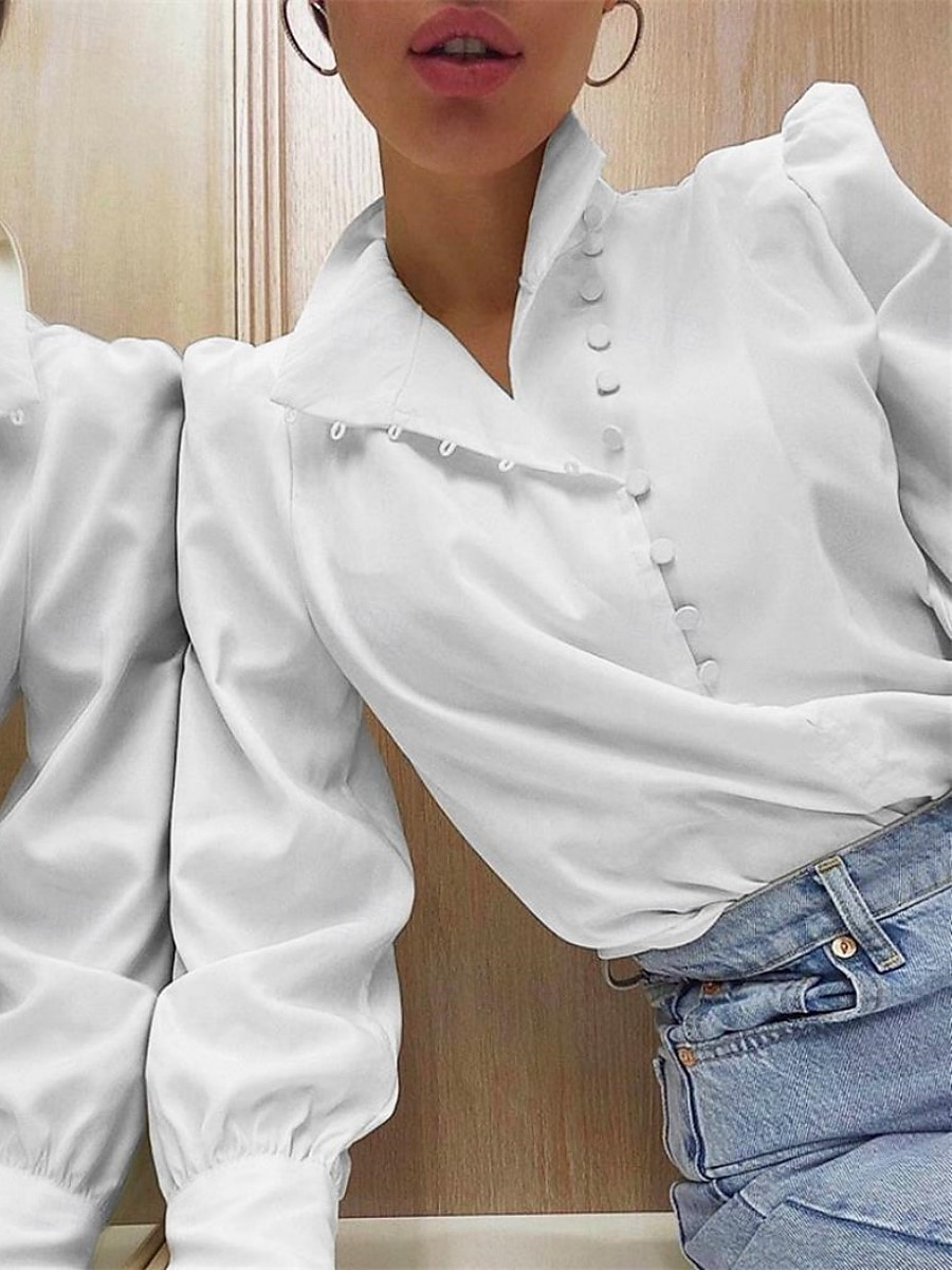 Dame Skjorte Bluse Helfarge Stilfull Fritid Langermet Høyhalset Vanlige topper Daglig Knapper Hvit Sommer Vår 2025 - $39.99 –P3