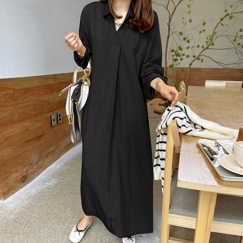 Dam Långklänning Maxiklänning Linneinspirerade klänningar Vardagsklänning Stylish Ledigt Semester Dagligen Datum Normal Slät Långärmad Kavajslag Svart Vin Kaki Armégrön Sommar Vår 2025 - $26.99 –P7