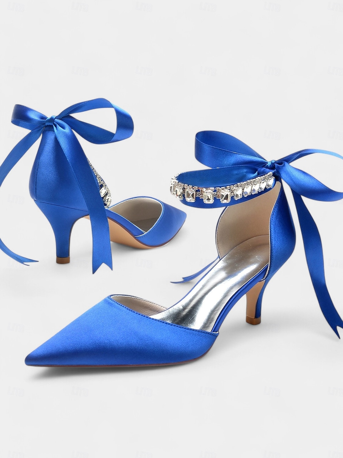 Blue Satin Pointed-Kitten Heels with Rhinestone Ankle Strap and Bow Tie - Elegant Wedding or Evening Shoes 2025 - $64.99 –P2
