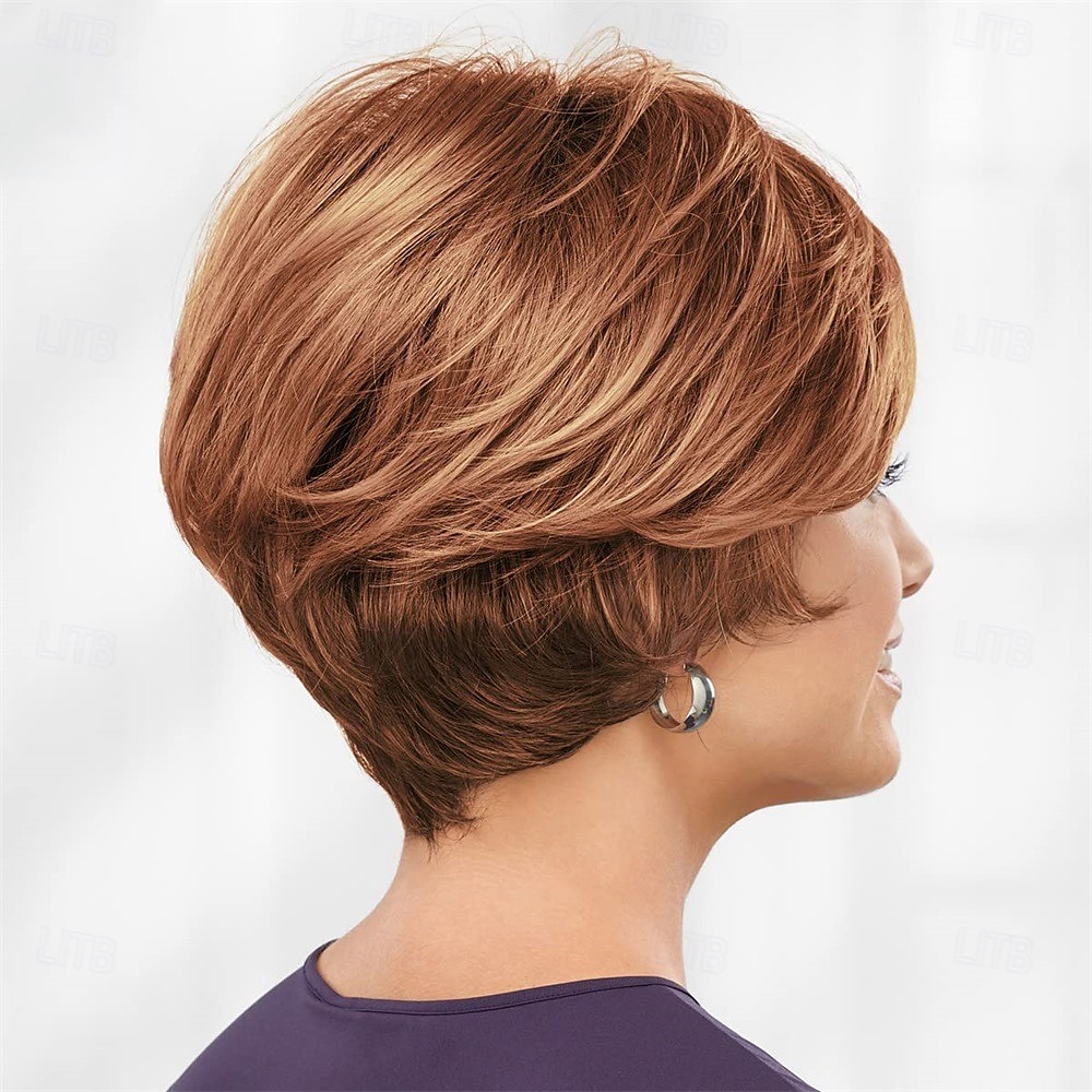 Perruque Bennett Whisperlite Perruque bob courte sophistiquée avec des couches de plumes et une frange rasant les cils / nuances multi-tons de blond argenté brun et rouge de 2025 ? $24.99 –P4
