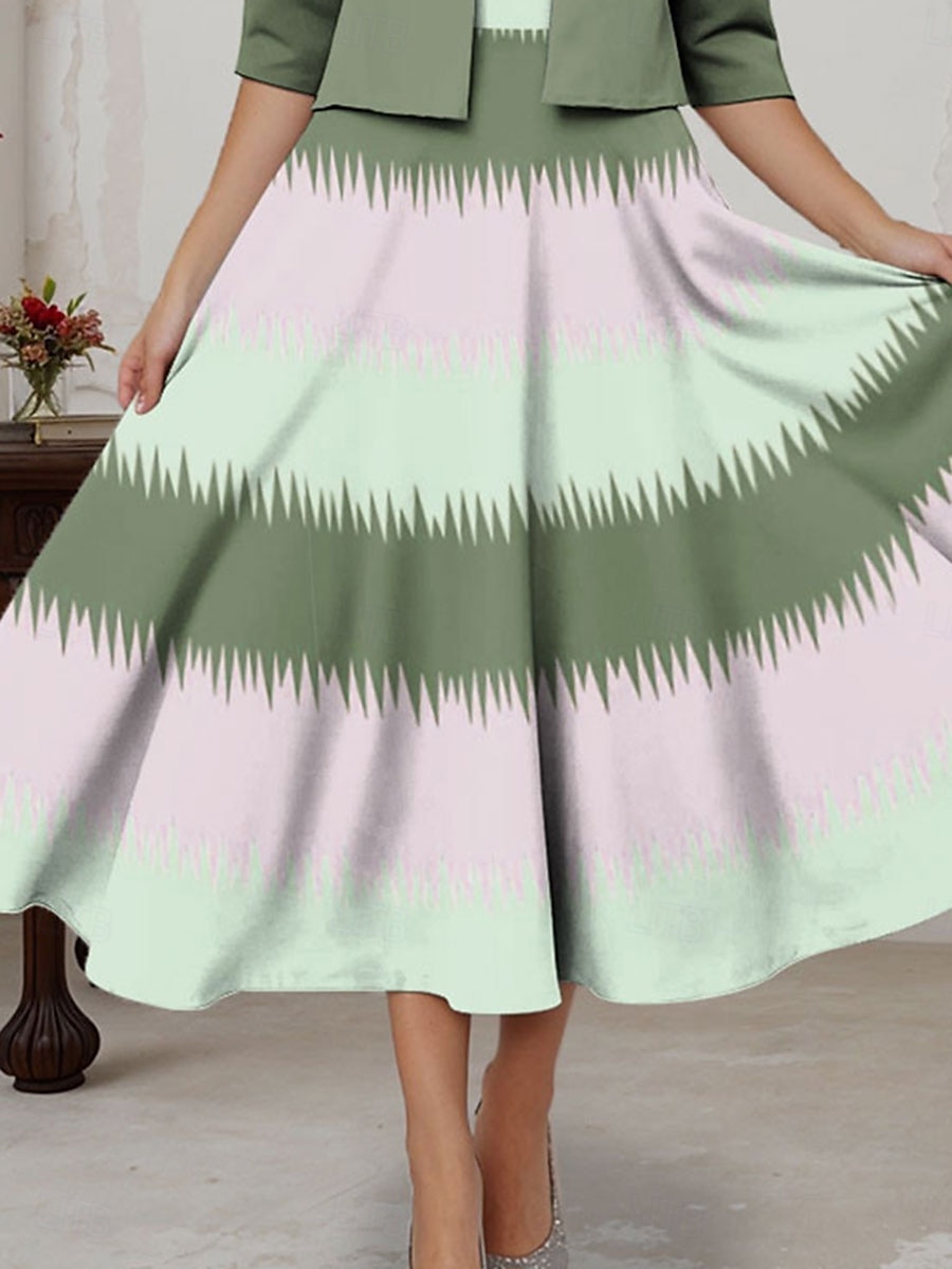 Rochie midi femei set rochie două piese rochie imprimată elegantă ombre imprimeu mânecă semi lungă gât rotund zilnic verde deschis primăvara toamna regular fit 2025 - $36.99 –P2