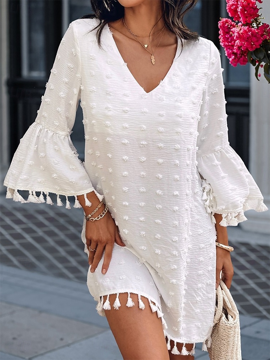 Damen Minikleid Weißes Kleid Brautkleider schlicht Ausgestellter Ärmel Urlaub Täglich Lockere Passform 3/4 Ärmel V Ausschnitt Weiß Hellgrün Sommer 2025 - $31.99 –P1