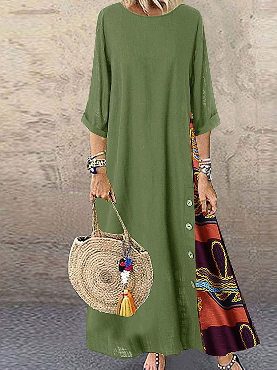 Damen Maxikleid Baumwoll-Leinen-Kleider Freizeitkleid Vintage Stilvoll Ethnisch Urlaub Täglich Lässiger Schnitt Blumen Dreiviertelarm Rundhalsausschnitt Gelb Wein Khaki Armeegrün Frühling Herbst 2025 - $26.99 –P2