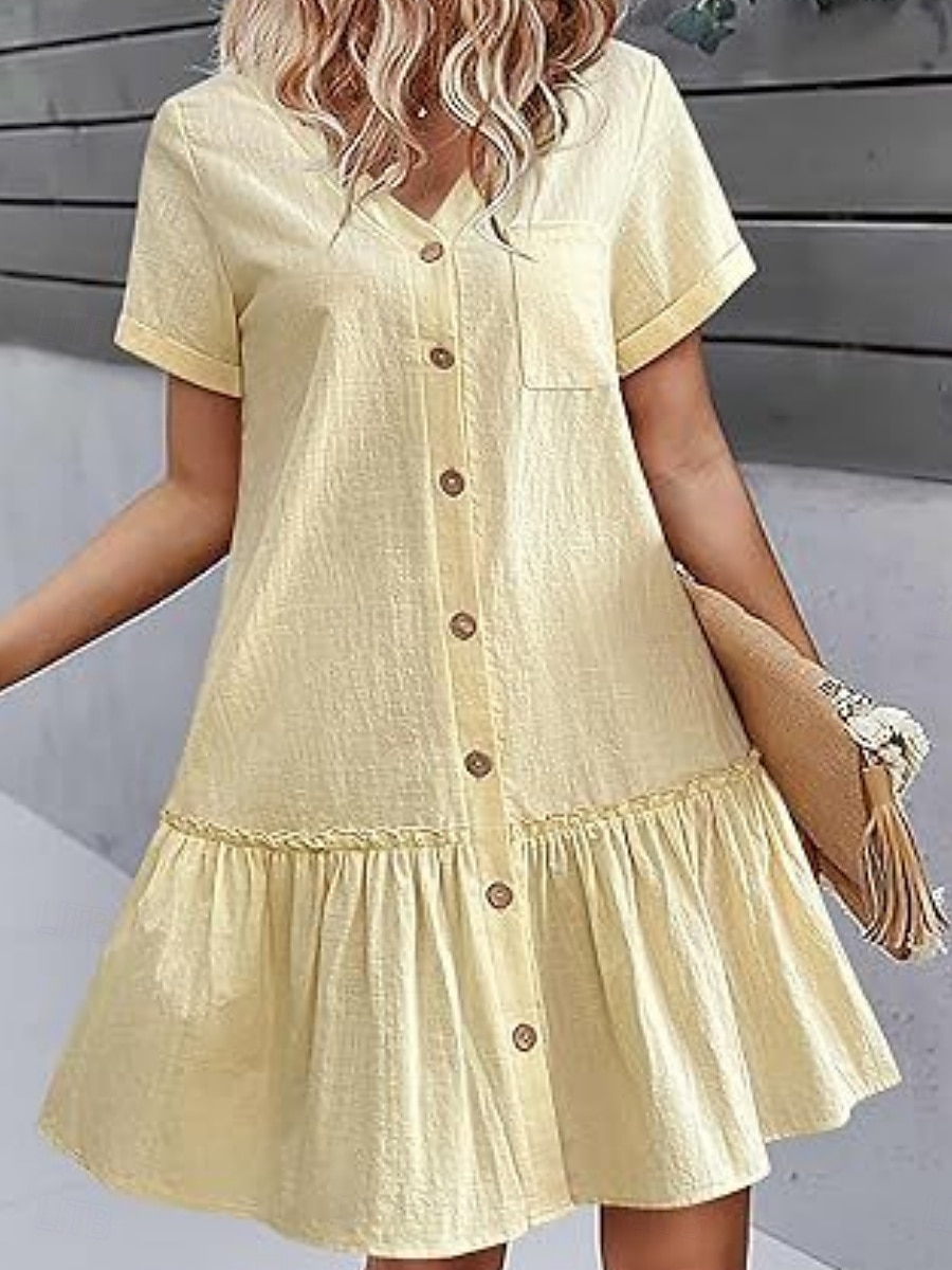 Femmes Mini Robe Robes en coton et lin Élégant Basique Occasionnel Quotidien Coupe régulière Uni Manche Courte Col en V Blanche Jaune Été de 2025 ? $22.99 –P7